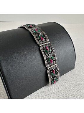 Silvertone Filigree Panel Bracelet Green Fuchsia Marquise Rhinestones 1960s